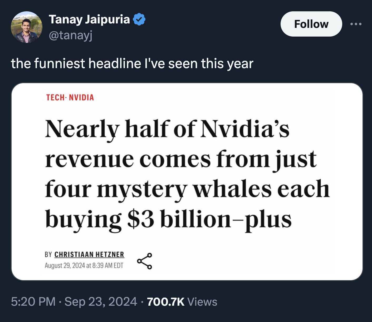 screenshot - Tanay Jaipuria the funniest headline I've seen this year TechNvidia Nearly half of Nvidia's revenue comes from just four mystery whales each buying $3 billionplus By Christiaan Hetzner at Edt Views